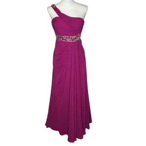 RL raspberry one shoulder high waisted prom dress with embellishments 10
